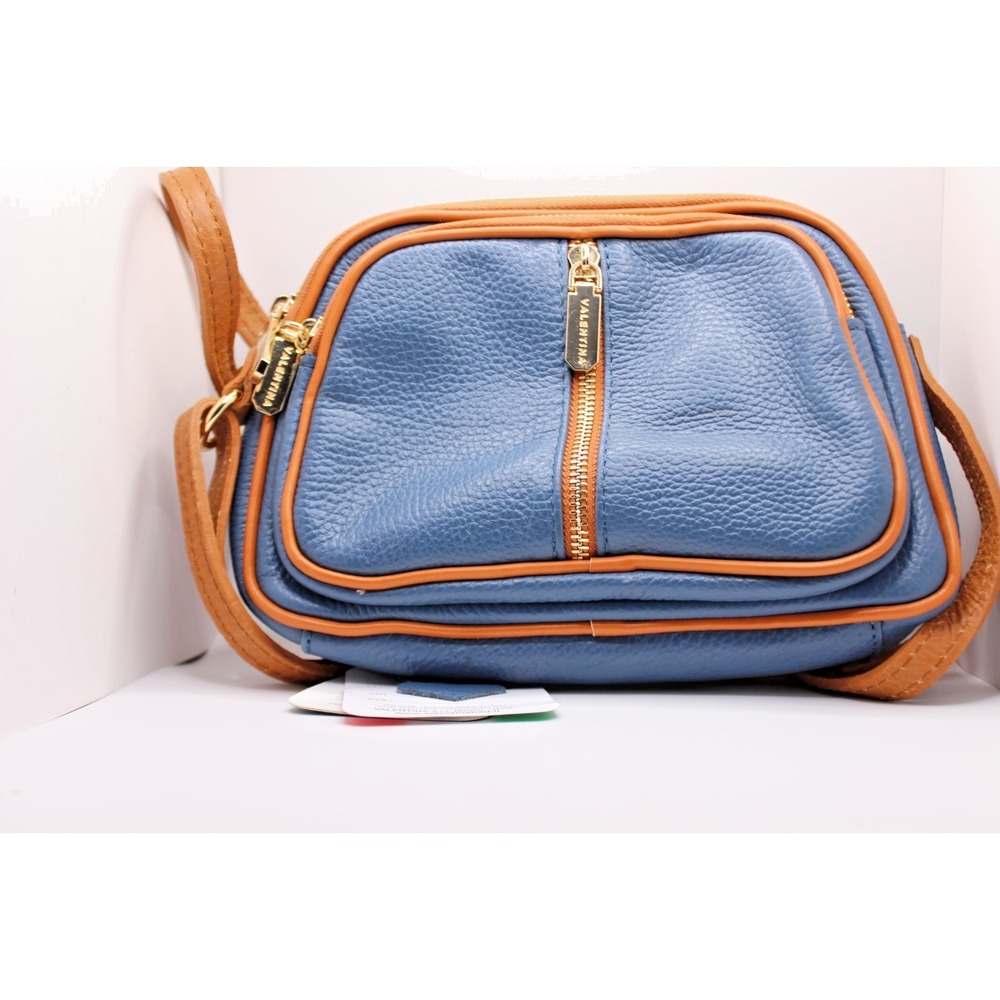 Valentina Dk Blue Lahr Crossbody Handbag Purse Brwn Piping NWT